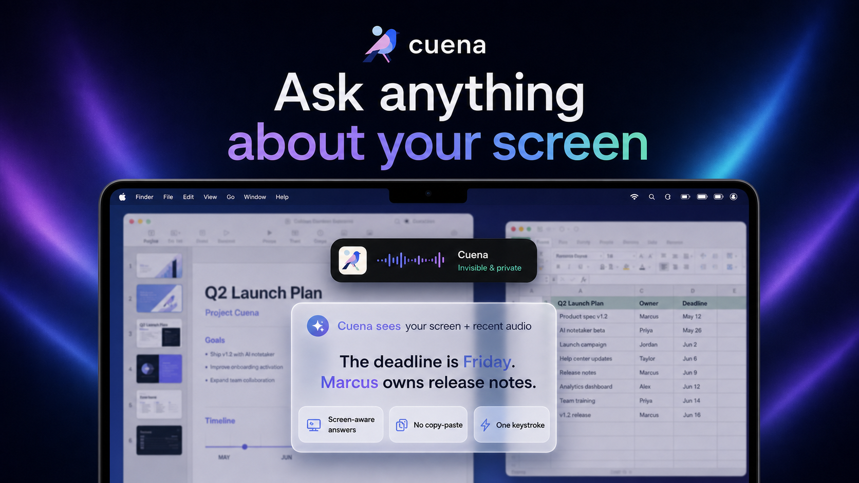 Cuena answering a question about a launch plan and spreadsheet using screen and recent audio context.