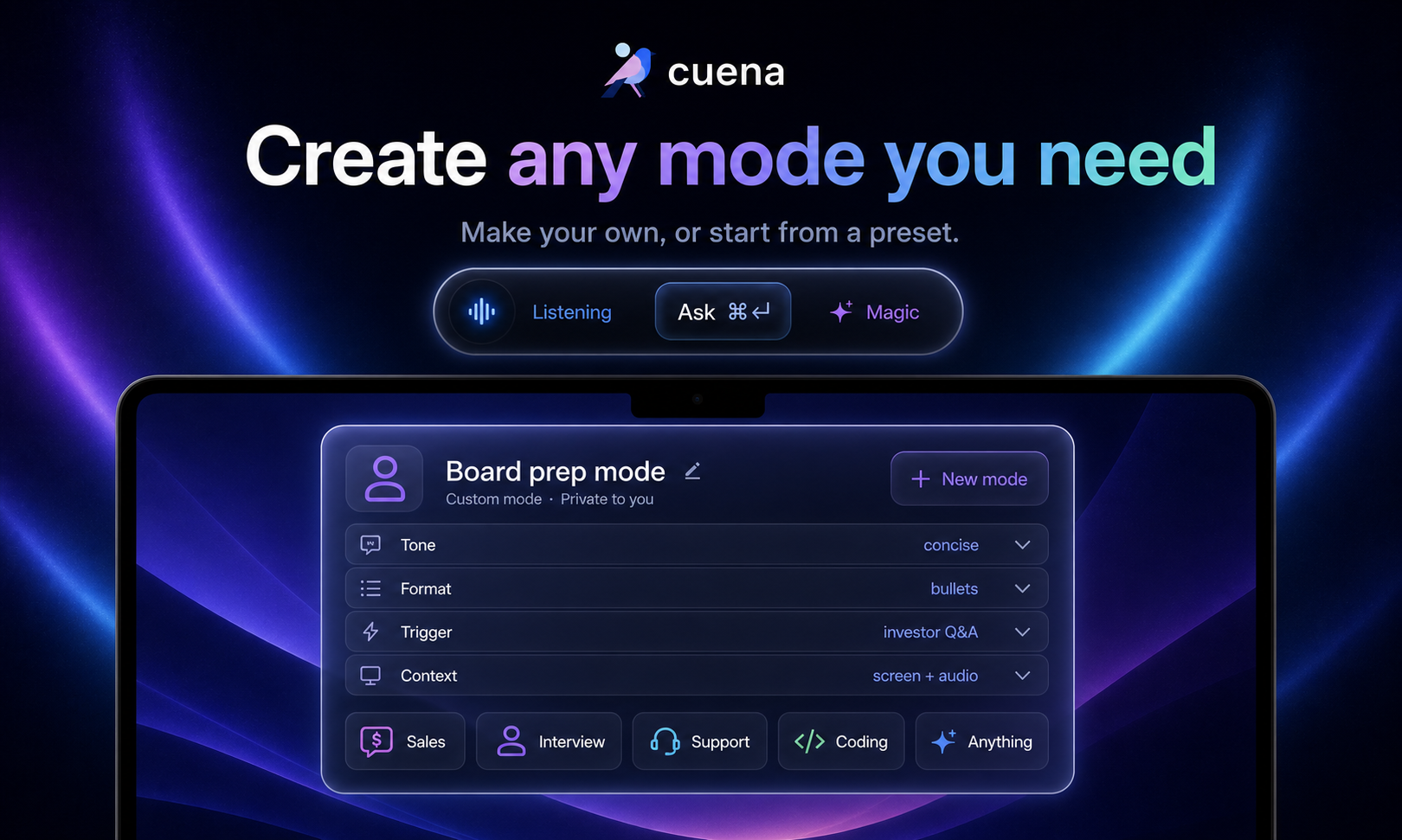 Cuena custom mode builder showing a board prep mode, a new mode button, and preset starter chips.